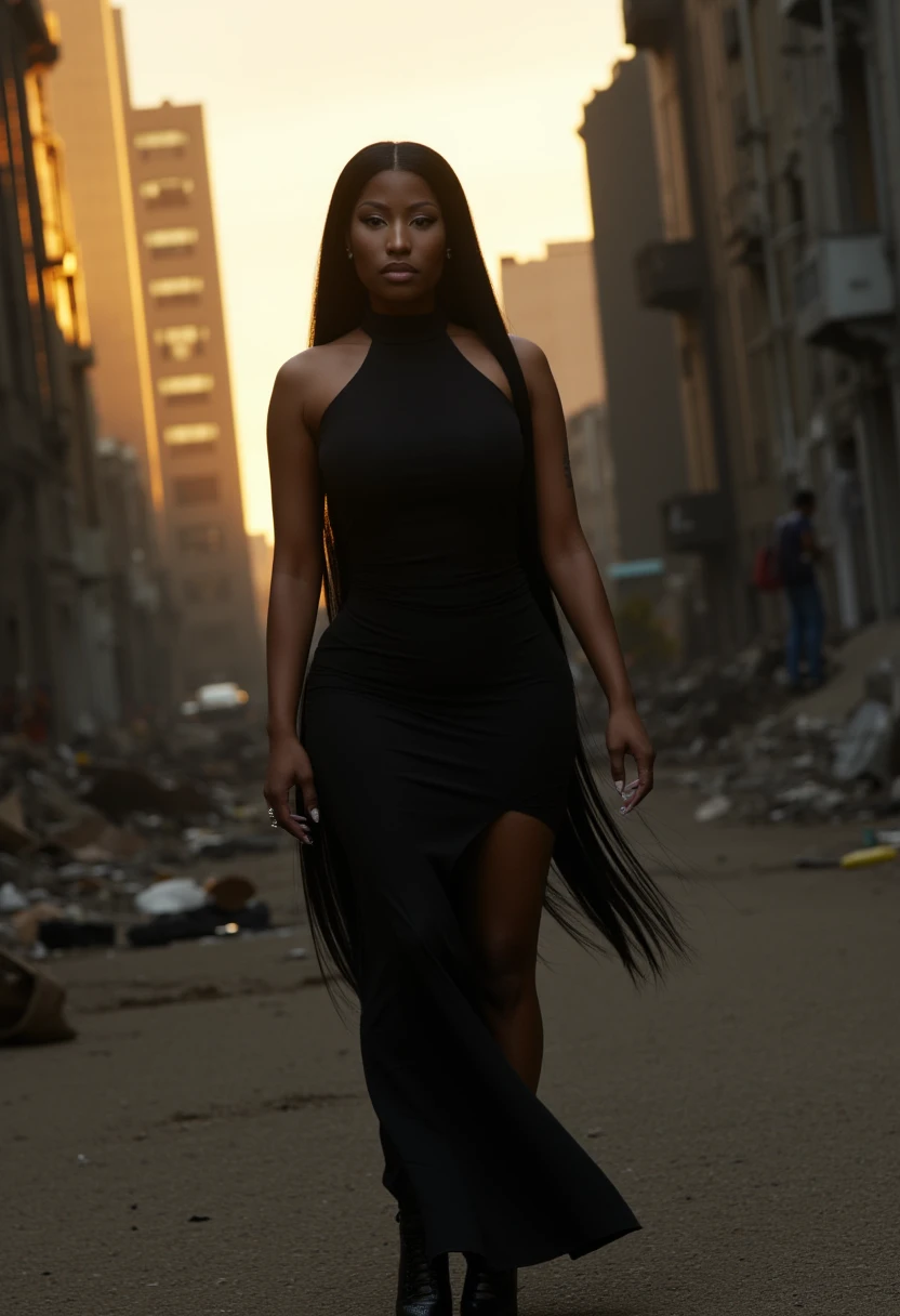 A cinematic photo of (Nicki Minaj) with long black hair wearing a black high-neck dress, as she strides confidently through a desolate, dark post-apocalyptic cityscape, capturing the stark juxtaposition of beauty and decay, with the model's flawless skin glowing like a beacon of hope amidst the ravaged urban landscape. photographed with a shallow depth of field to blur the bleak surroundings, emphasizing her striking, rebellious pose. full body, golden hour.