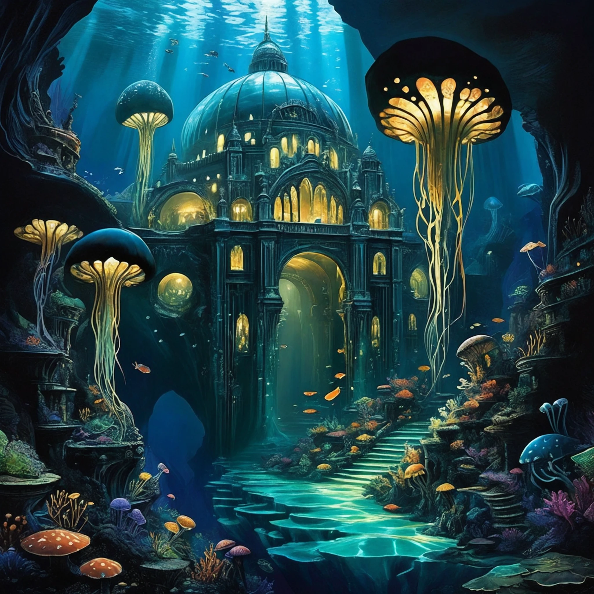 FRESHIDEAS Underwater Palace Deep Abyss Palace: Located in the darkest depths of the ocean, this palace is carved into the side of a massive underwater canyon. It is illuminated by glowing fungi and inhabited by creatures that have adapted to the extreme pressure and darkness, adding an eerie yet awe-inspiring feel to the environment.