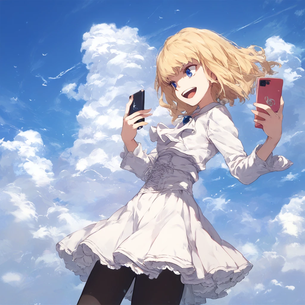 score_9, score_8_up, score_7_up, leivinia-birdway, toaru, 1girl, 1girl, solo, blonde hair, pantyhose, blue eyes, cloud, phone, sky, cellphone, black pantyhose, open mouth, dress, smile, holding, day, ascot, skirt,