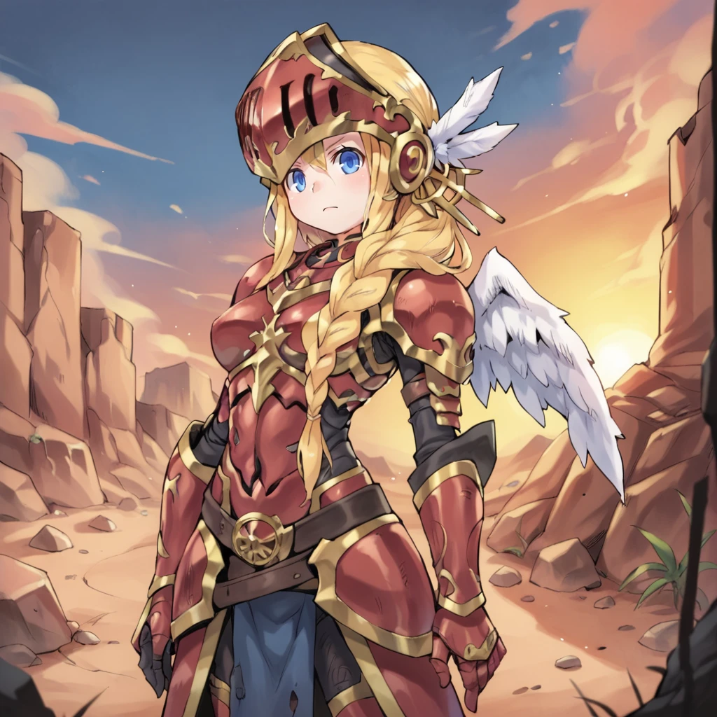 (score_9, score_8_up, score_7_up, score_6_up), source anime, BREAK, <lora:Aegina:0.60> , aegdef, 1girl, blonde hair, long hair, braid, blue eyes, valkyrie, visor (armor), winged helmet, armored dress, armor, gauntlets, boots, serious, angel wings, closed mouth, looking at viewer, solo, cowboy shot, <lora:zy_Detailed_Backgrounds_v1:0.5> , detailed background, highly detailed,  castle, fortress, wasteland, desert, sunset, angel, angel   <lora:h0undedXLP:0.6> , h0unded,