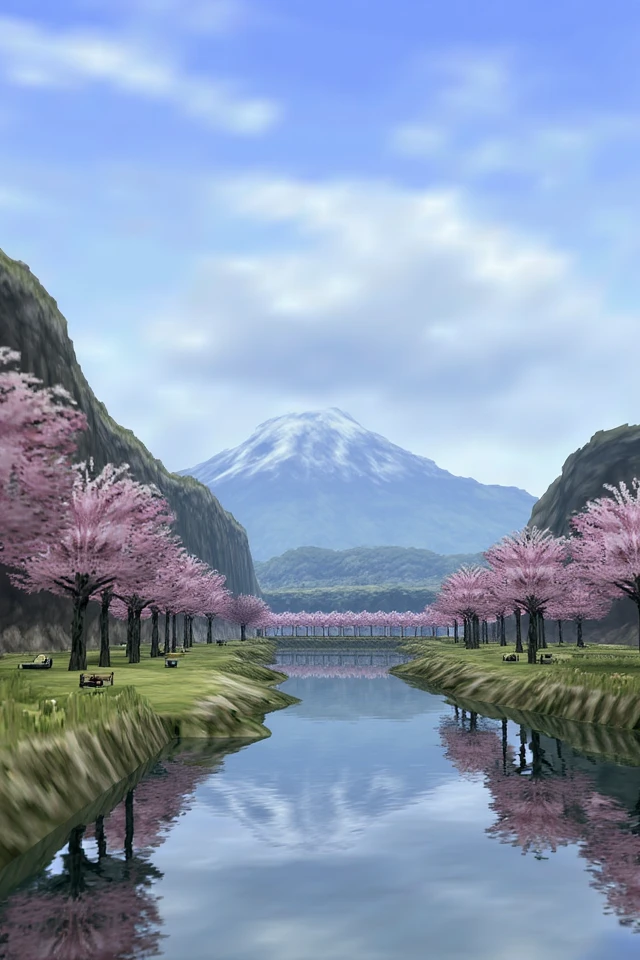 N64OOT Screenshot low poly screenshot of a Japanese landscape with mount fuji towering in the distance, clouds gathering at it's peak. In the foreground, a river with flowering cherryblossom trees and a bench can be seen.