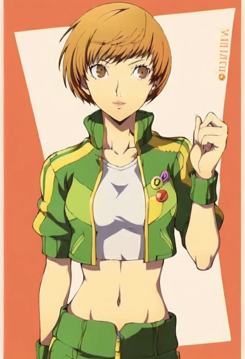 1girl, solo, short hair, brown hair, navel, brown eyes, green jacket, open clothes, midriff, crop top, white tank top, wristband, track jacket, button badge, satonaka chie, persona 4