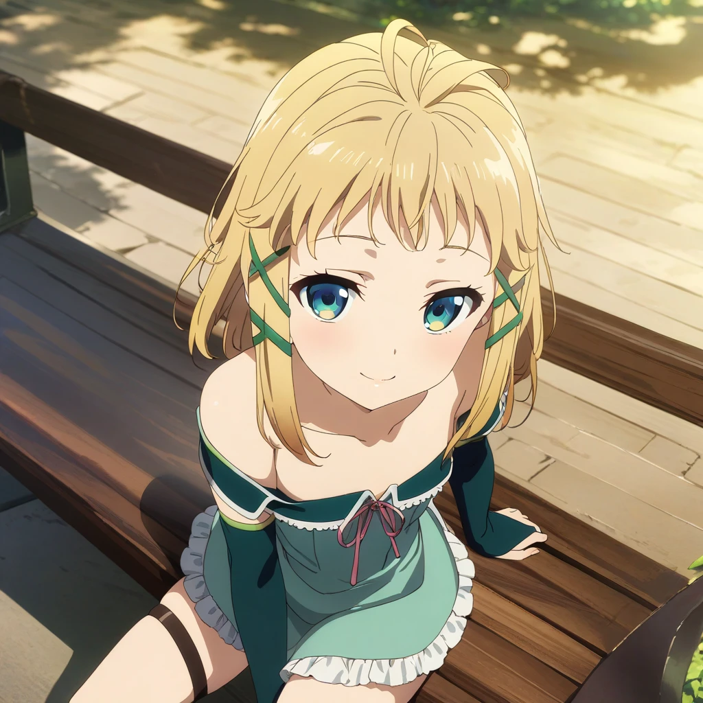 1girl solo, tina_sprout, blonde hair, green eyes, messy hair, criss cross hair ornament, flat chested, green dress, off shoulder, thigh strap, smile, closed lips, elbow gloves, anime coloring, sitting on bench <lora:XL-TinaSprout:1>, (masterpiece),(best quality),(ultra-detailed),(best illustration),(best shadow),(absurdres),(detailed background),(very aesthetic),