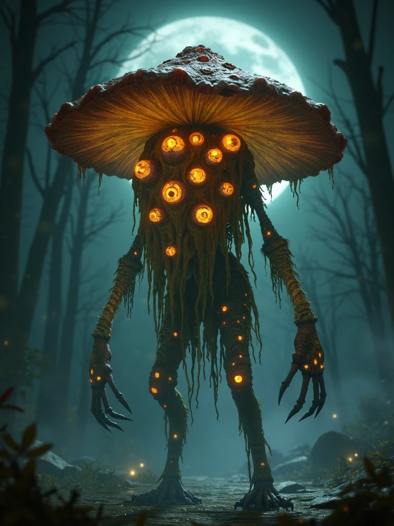 elden ring style, scary mythical mushroom-headed monster with multiple glowing eyeballs on whole body, big mushroom instead of head, sharp talons, he is looking like chimera of slime with bones inside and mushroom, night, moonlight, chromatic aberration and film grain, fantasy <lora:sxz-eldenring-aitoolkit-flux:1>