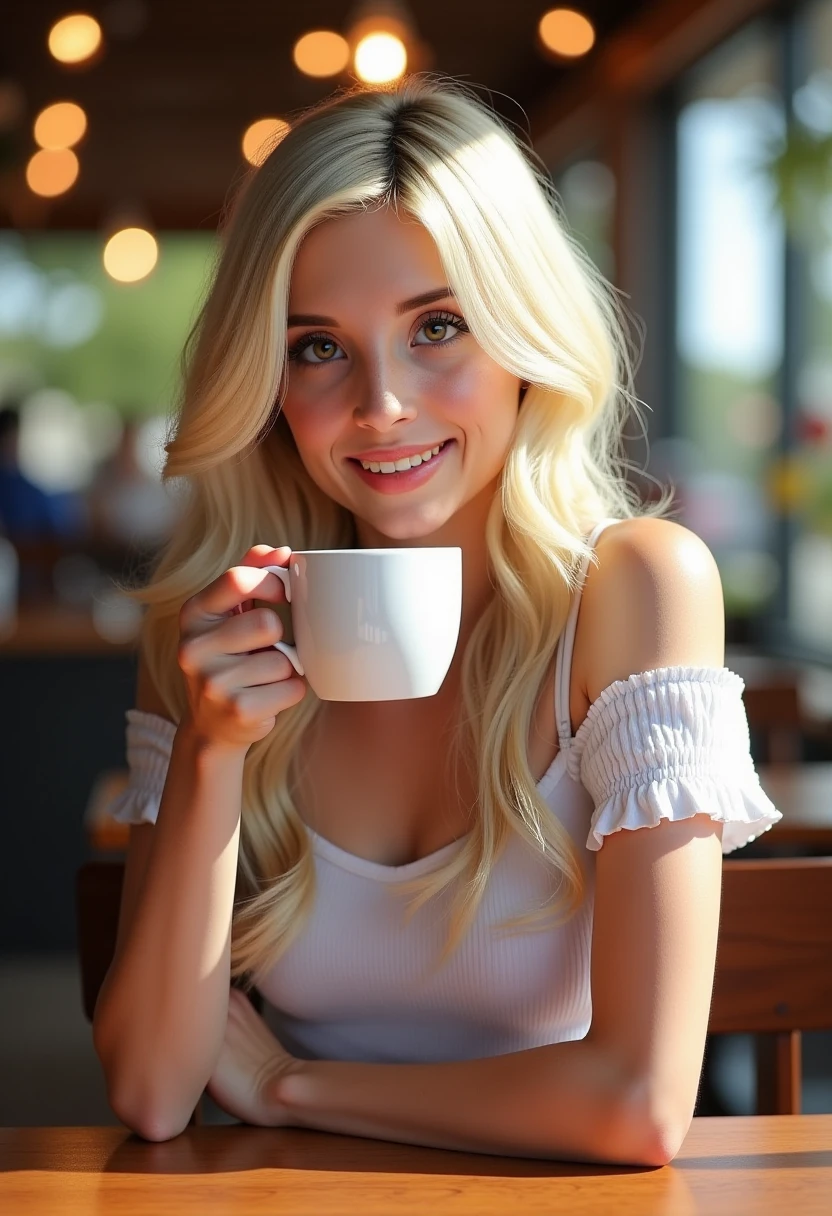 Photorealistic highly detailed picture of piperperri, a girl with bleach blonde hair, sitting in a cafe drinking a coffee, smiling at the viewer