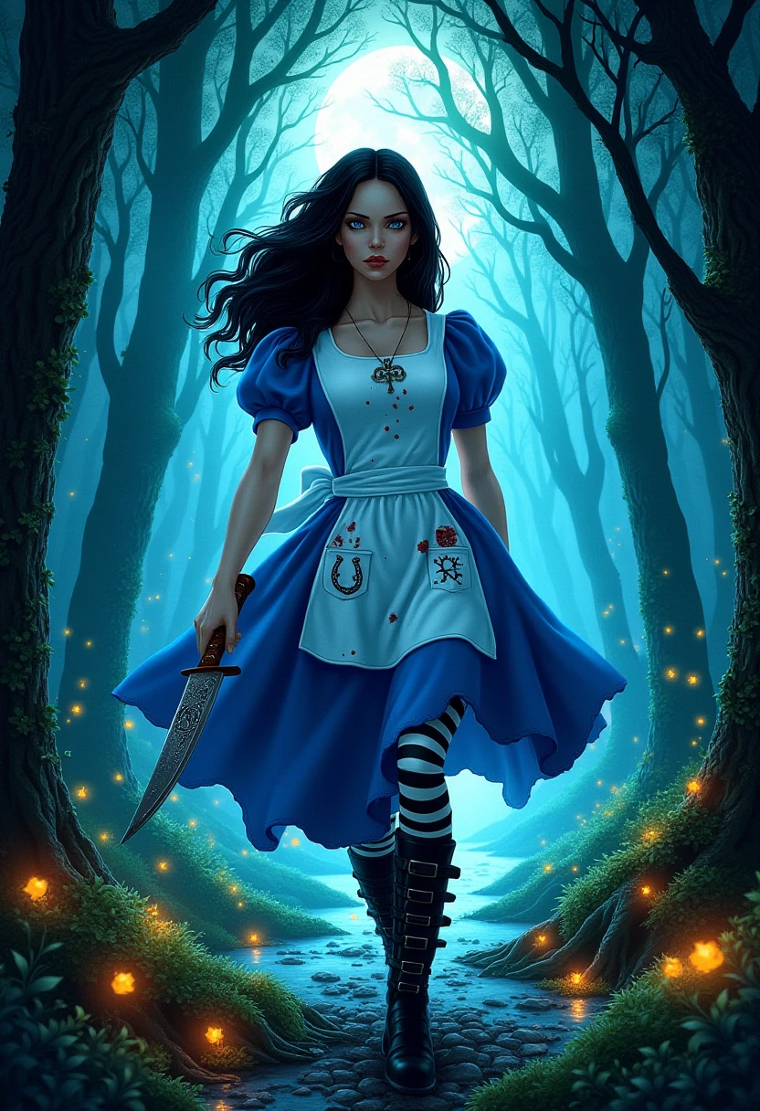 An epic comic illustration, vivid detail, defined lines, cell shading of madalice, she has black hair and blue eyes. She's wearing a blue dress with a white apron. The apron has magical symbols on the pocket, there are bloodstains on the apron. she wears a necklace with of an upside down horseshoe stripped stockings and knee high boots. in her hand is an ornate butcher knife. she is walking through a mystical forest, misty bog, fireflies flying around lighting up. it's night and moonbeams stream through the trees.