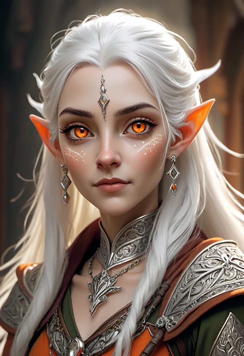 sketch A close-up of a regal elven woman with cascading white hair and piercing silver eyes. Her detailed attire, adorned with exquisite jewelry, emphasizes her noble lineage in the midst of a richly decorated weapon shop., highly detailed, Phenomenal, Indirect light, Orange