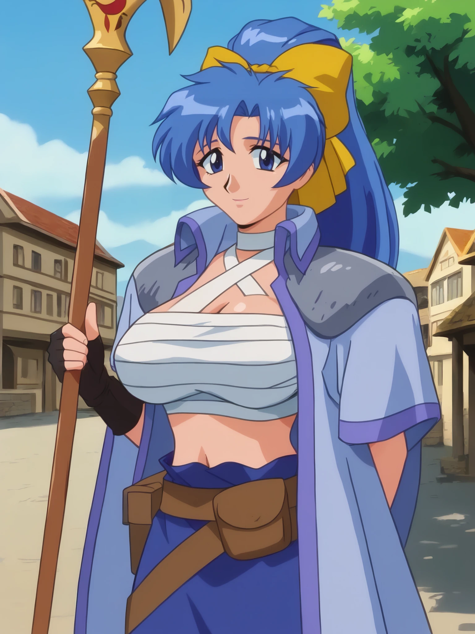 score_9, score_8_up, score_7_up, score_6_up, uncensored, BREAK,
Kuri is standing and holding spear, cowboy shot,
1girl, mature female,   solo,
looking at viewer, light smile, 
blue hair, high ponytail, hair bow, blue eyes,
chest sarashi, open robe, fingerless gloves, belt pouch, long skirt, blue skirt,
curvy, large breasts, midriff,
outdoors, blue skies, medieval city, fantasy, tree, clouds,
<lora:IngridXL_3224:1> <lora:Kuri3216PDXL:1>