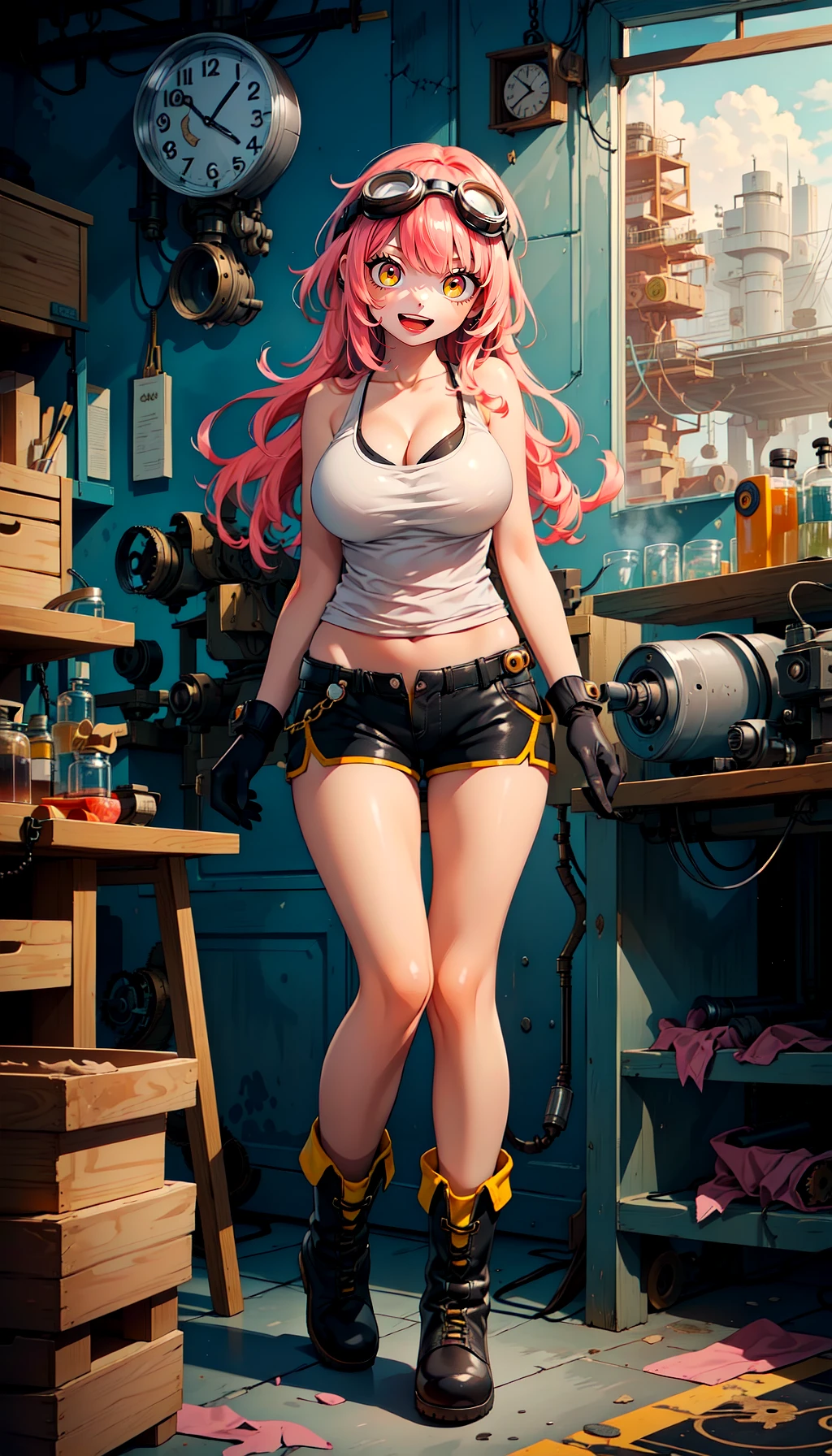 masterpiece, best quality, ultra-detailed, cinematic,wide shot,
(1girl,breasts,goggles,goggles on head,solo,gloves,smile,large breasts,bare shoulders,cleavage,pink hair,looking at viewer,yellow eyes,wrench,open mouth,tank top,collarbone,thighs,leaning on table,symbol-shaped pupils,downblouse,black gloves,shorts,bangs,long hair, full body , standing , boots , steampunk , standing in lab , standing in machine factory , gears , clocks , steam , machinery , workshop, standing in the middle of the workshop,far shot,:1.2),