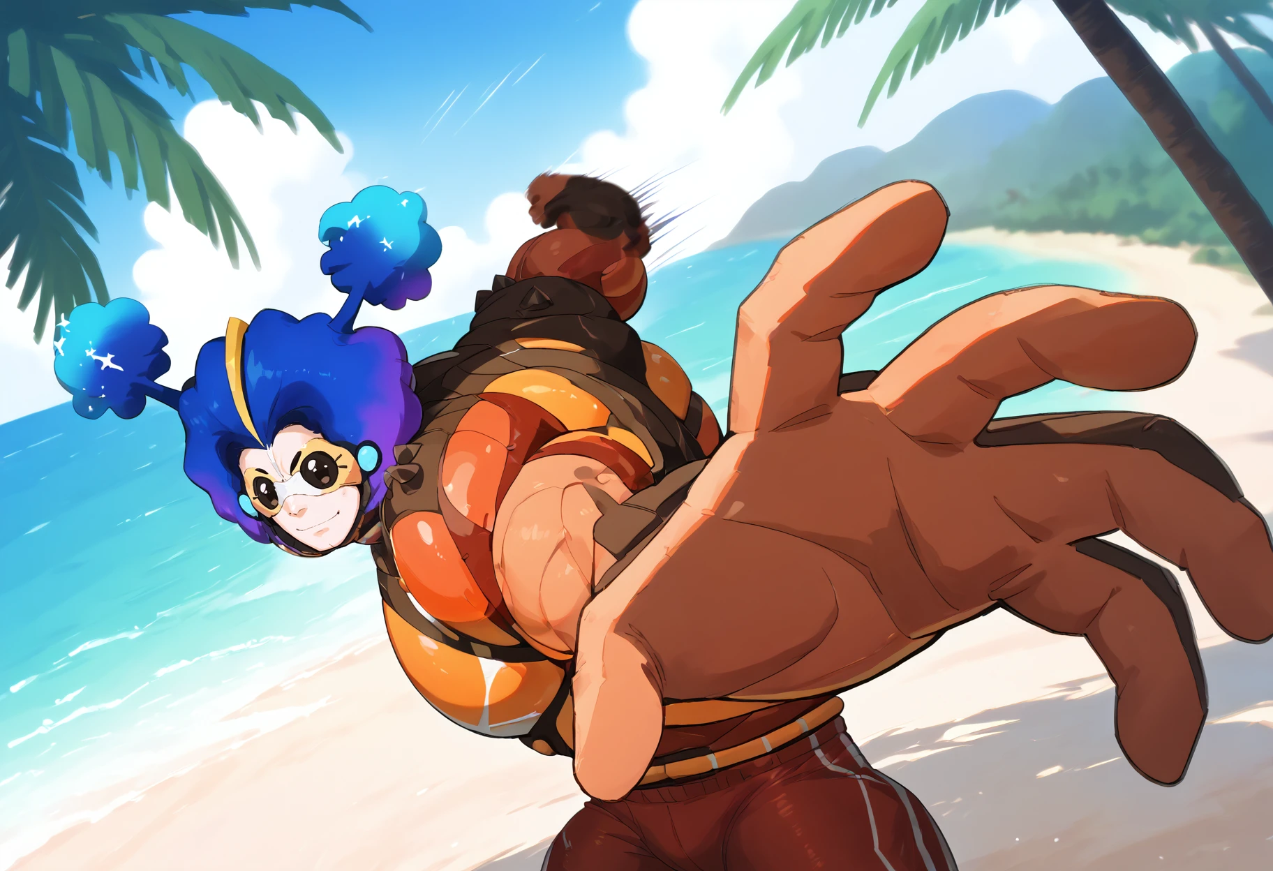 (score_9,score_8_up,score_7_up),
1boy,alola man,spikes,solo,male focus,muscular,massive thighs,manly,speed lines,dynamic_angle,
smile,beach,palm_tree,hawaii,summer,depth of field,
<lora:alola_man_pony:0.9>,
<lora:PepePunchMeme_XLPD:1.1>,IncrsPunchMeme incoming punch,