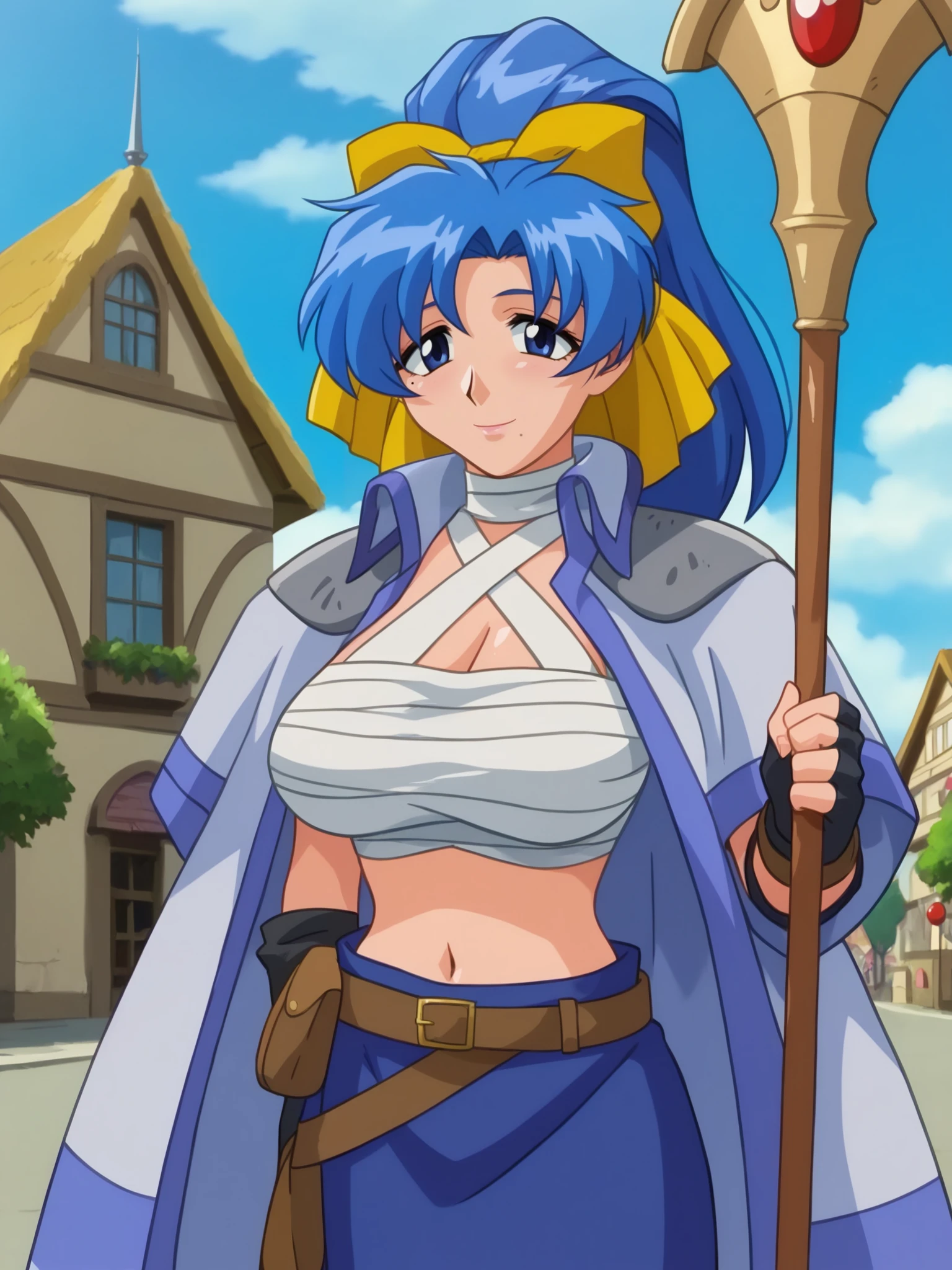 score_9, score_8_up, score_7_up, score_6_up, uncensored, BREAK,
Kuri is standing and holding spear, cowboy shot,
1girl, mature female,   solo,
looking at viewer, light smile,
blue hair, high ponytail, hair bow, blue eyes, (mole under mouth:0.8), 
chest sarashi, open robe, fingerless gloves, belt pouch, long skirt, blue skirt,
curvy, large breasts, midriff, navel. 
outdoors, blue skies, medieval city, fantasy, tree, clouds,
<lora:Kuri3216PDXL:1>