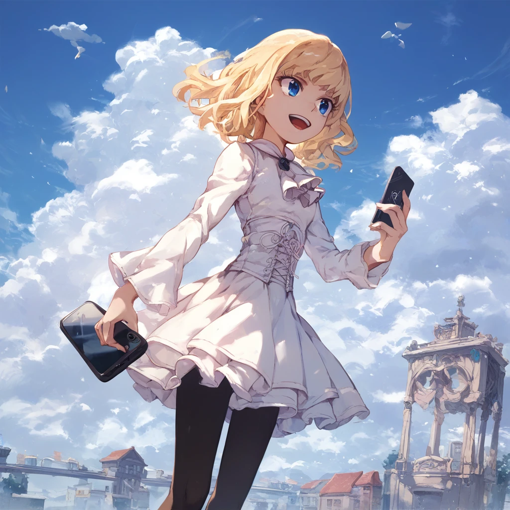 score_9, score_8_up, score_7_up, leivinia-birdway, toaru, 1girl, 1girl, solo, blonde hair, pantyhose, blue eyes, cloud, phone, sky, cellphone, black pantyhose, open mouth, dress, smile, holding, day, ascot, skirt,