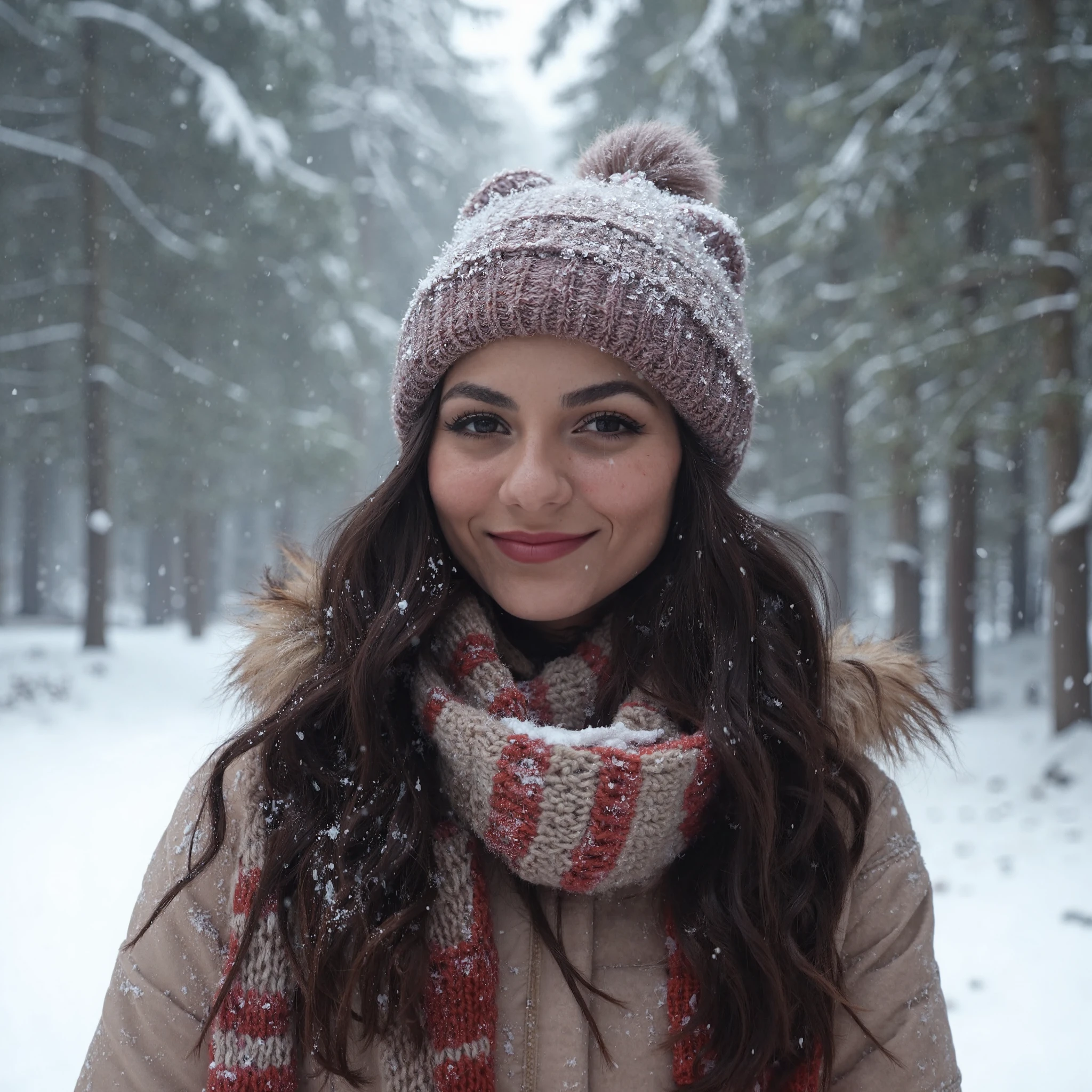 serene portrait of Victoria Justice, standing amidst a wintry forest during a heavy snowfall. The scene captures the quiet beauty of winter, with large snowflakes gently falling around her, covering the ground and the trees in a thick, soft blanket of snow.

Victoria is dressed warmly for the cold weather, wearing a cozy bobble hat that fits snugly over her long, dark hair. The hat is knitted and features a fluffy pom-pom on top, adding a touch of charm to her winter attire. A thick, woolen scarf is wrapped around her neck, its soft material providing warmth and comfort against the chill. The scarf's color contrasts nicely with the snowy environment, standing out in the otherwise muted color palette of the scene.

Her expression is peaceful and content, Her cheeks are slightly flushed from the cold, adding a natural warmth to her complexion. The snowflakes catch in her hair and on her clothing, glistening softly in the diffused light.

The background is a picturesque winter forest, with tall trees towering above, their branches heavy with fresh snow. The snowfall is steady and thick, creating a dreamy, almost magical atmosphere as the snowflakes swirl gently through the air. The ground is completely covered in snow, and the footprints she has made are just barely visible, adding to the sense of stillness and quiet in the scene.

The lighting is soft and natural, typical of a snowy day, with the overcast sky casting a gentle, even light that enhances the serene mood of the portrait. The overall color palette is dominated by cool whites and soft greys, with the bright colors of her bobble hat and scarf providing a subtle yet vibrant contrast.

The overall mood of the portrait is peaceful and serene, capturing Victoria Justice in a moment of quiet reflection amidst the beauty of a wintery forest. The combination of her warm winter attire, the heavy snowfall, and the tranquil forest setting creates a calm and picturesque image that evokes the crisp, refreshing feel of a snowy day