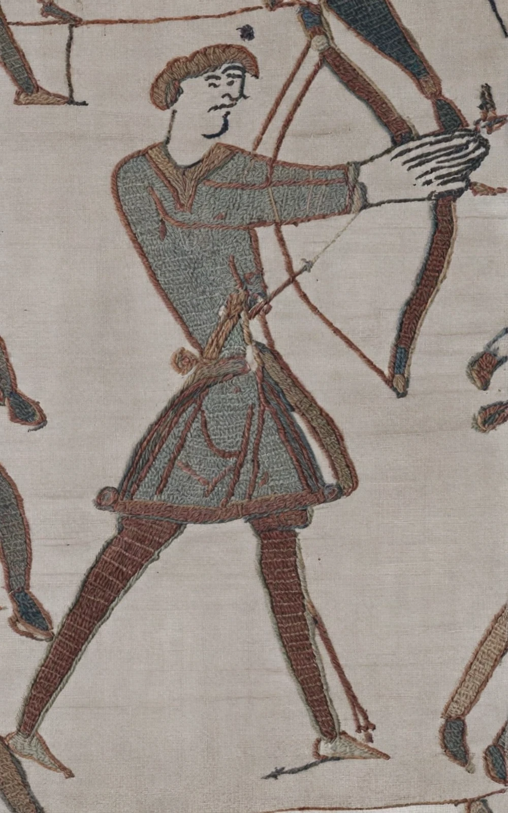 <lora:bayeux_pony_v1:1> bayeux, an embroidered tapestry with a man with bow and arrow, score_9, score_6_up, score_7_up