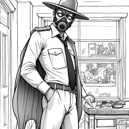 Cowboy bebop, hand in pocket, cowboy shot, desk, horror (theme), old, looking to the side, gas mask, sketch, nipples, military uniform, ass, buster sword, necktie, cape, nib pen (medium), pants, fingernails, breasts, dagger, back