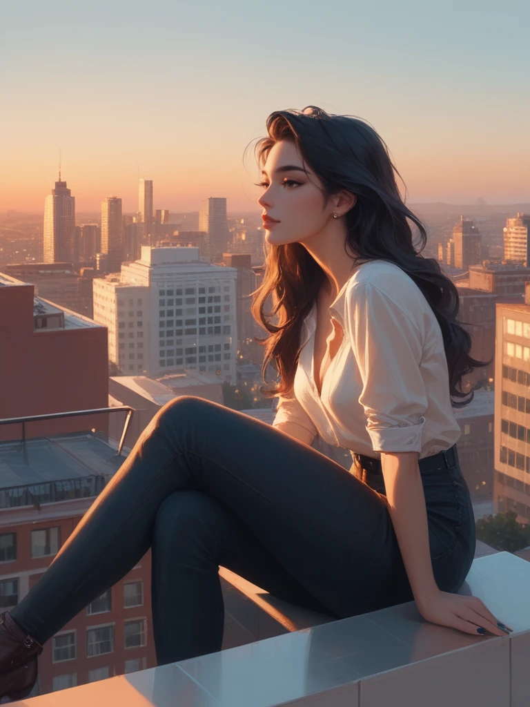 score_9,score_8_up,score_7_up,score_6_up, A thoughtful anime girl with long, flowing black hair, sitting at a rooftop café overlooking the city at sunset, sketching the skyline in her notebook as the city lights begin to twinkle.