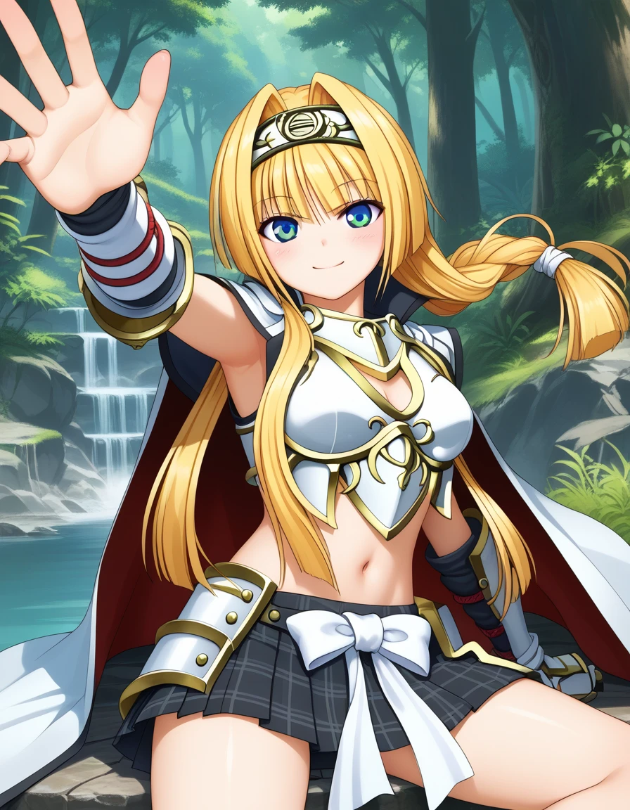 score_9, score_8_up, score_7_up, BREAK source_anime, best quality, masterpiece,very aesthetic, zPDXL2,official art,detailed_eyes,1girl, solo,
ashikaga_yoshiteru_(sengoku_otome), blonde hair, blue eyes, long hair, breasts, 
armor, midriff, black skirt, pleated skirt, skirt in plaid skirt,navel, hairband, cape, white bow, gauntlets,
<lora:ashikaga_yoshiteru_(sengoku_otome)_pony_v2:1>
sitting, ( dynamic pose ),
closed mouth,blush,smile,
looking at viewer,(cowboy shot,:1.3),
( outdoors, forest)