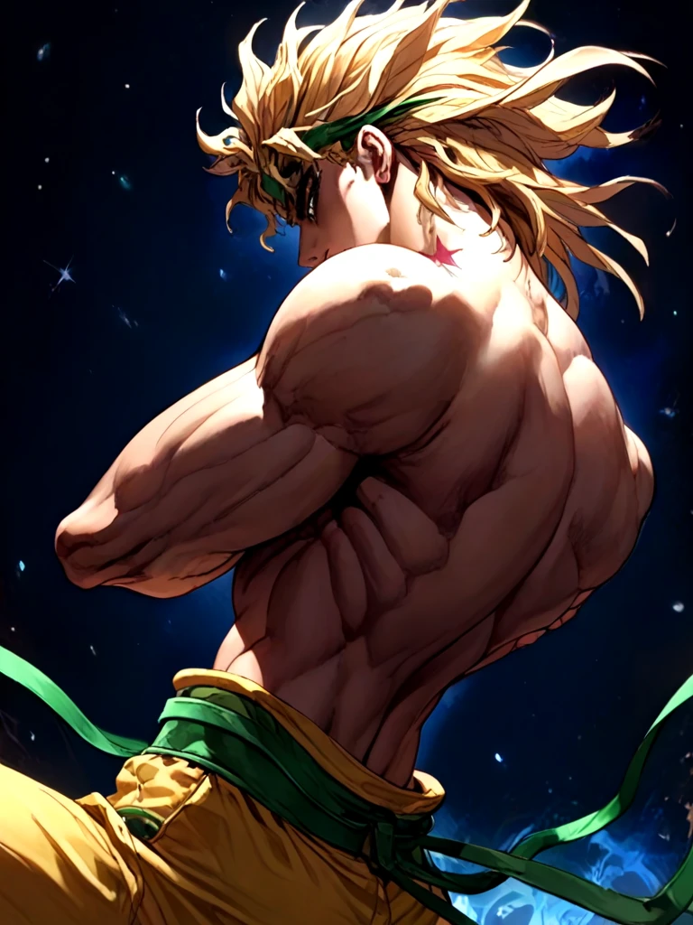 ((black background)), close-up, dio_brando's_pose_\(jojo\), birthmark \(joestar\), ear birthmark, looking at viewer, jojo pose, stepped on staris, night, wind, indoors, vampire, off shoulder, blonde hair, headband, green belt, yellow pants, topless male, muscular male, narrow waist, evil smile, bare back. shaded face, looking back, full body, floating hair, <lora:dioandhisstarbirthmark_pony:1>