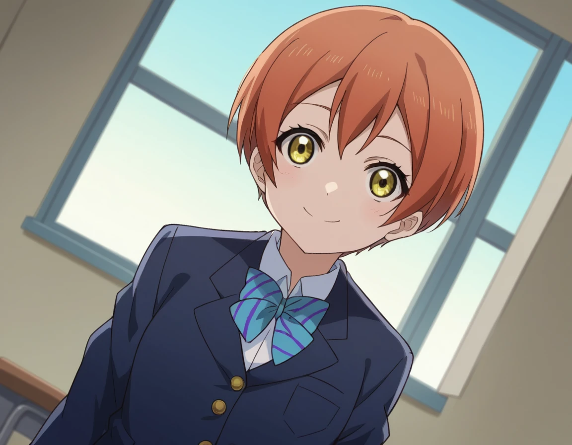 score_9, score_8_up, score_7_up, source_anime, <lora:rin-hoshizora-s1-ponyxl-lora-nochekaiser:1>, rin hoshizora, short hair, jacket, yellow eyes, orange hair, pixie cut,, skirt, school uniform, jacket, blazer, winter uniform, otonokizaka school uniform,, indoors, smile, looking at viewer, solo,, cowboy shot, dutch angle