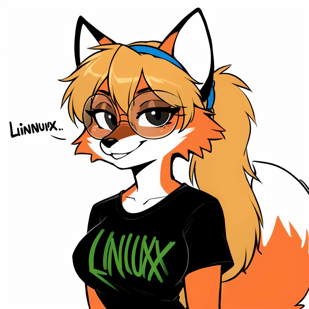 best quality, high quality, masterpiece, furry, xenia_linux_fox, female, red fox, fox girl, two-tone fur, dark yellow hair, long hair, ponytail hair, close up, portrait, smile, clothes, black t-shirt, title, green title, green "LINUX" title on t-shirt, text on shirt, short sleeves, black eyes, simple eyes, black glasses, round glasses, blue hairband, fox tail, white background, flat colors,  <lora:fluffyrock-quality-tags-v4:1>,  <lora:Xenia_Lunix_Fox_LoRA_v1.0:0.7>