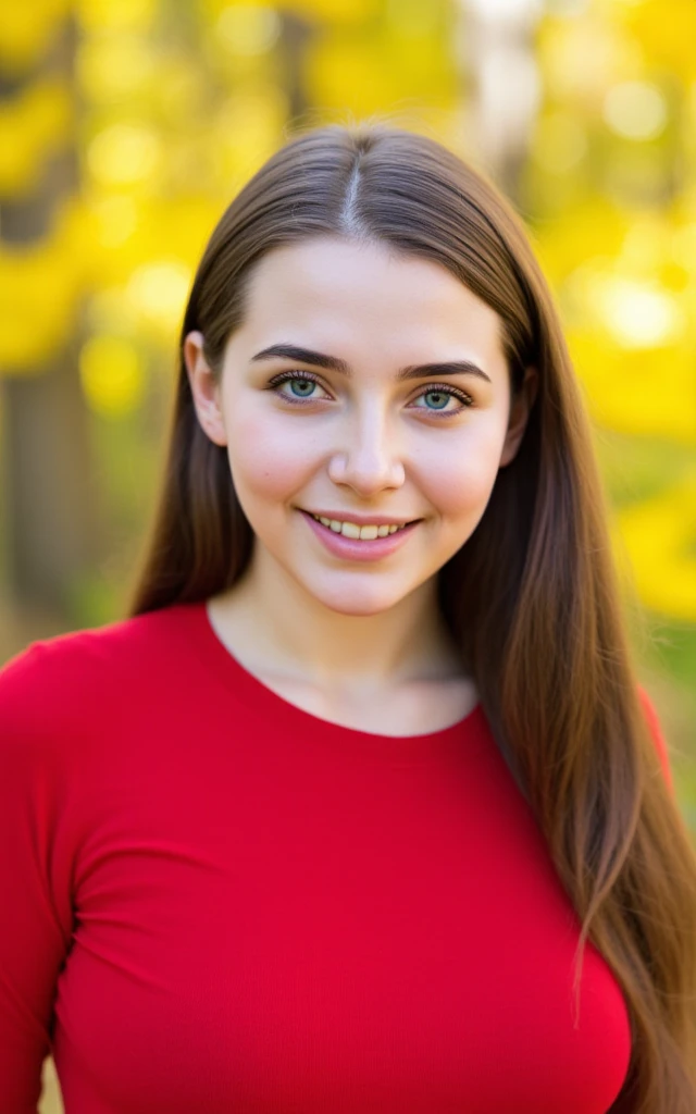 a portrait of a young woman. Her eyes are blue and her eyebrows are black. She has long brown hair and is wearing a red sweater. She is smiling and looking directly at the camera. Behind her are trees with yellow leaves.