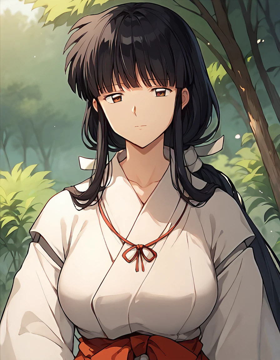 score_9, score_8_up, score_7_up, source_anime,kikyou, 1girl, ,miko,red hakama,,solo, mature female, large breasts, outdoors,long hair, black hair, upper body, black hair,low-tied long hair, looking at viewer,  <lora:kikyou pony:1>