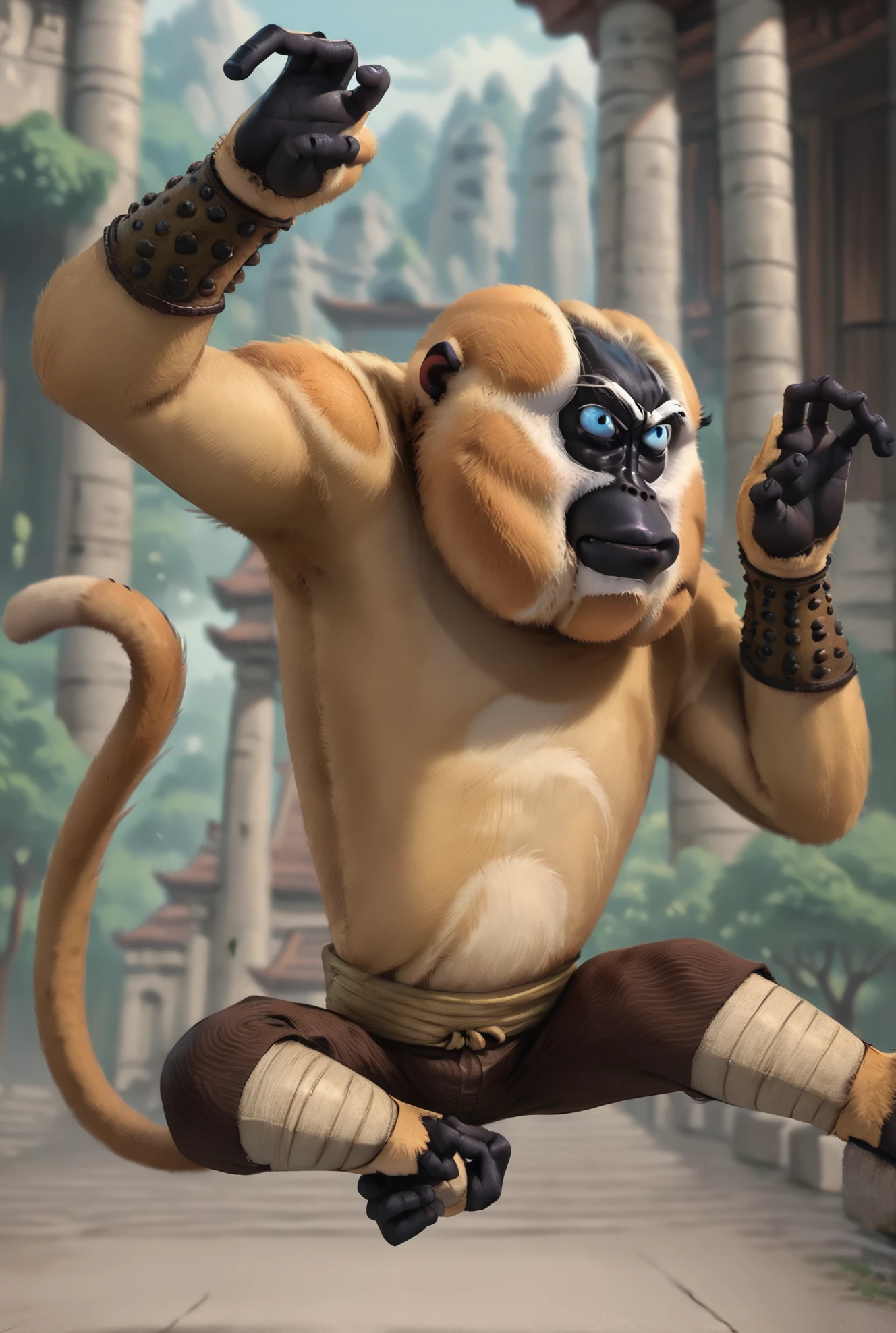 score_9, score_8_up, score_8,
<lora:Master_Monkey_Kung_Fu_Panda_for_PonyXL:0.8> 1boy, monkey, furry male, m4st3rm0nk3y, solo, male focus, tail, blue eyes
parody, source_cartoon,
outdoors, fighting pose, temple,