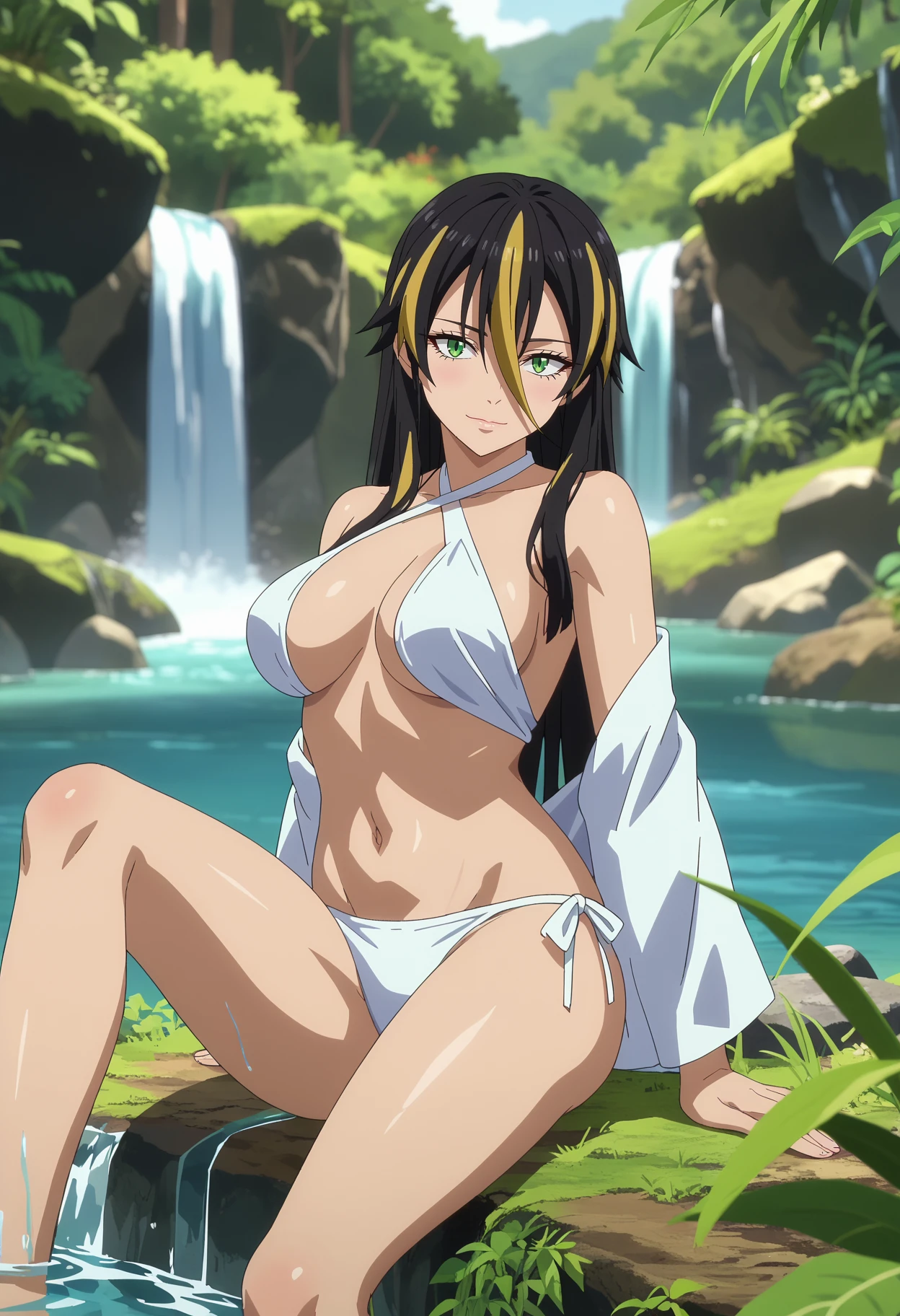 score_7_up, anime screencap,
<lora:TenSura_AlbisXL:0.9>, AlbisTS,
1girl, solo, closed mouth, light smile,
long hair, hair between eyes, streaked hair, black hair, blonde hair, green eyes,
large breasts, criss-cross halter, white bikini,
sitting, looking at viewer,
blurry background, outdoors, waterfall, stone, water