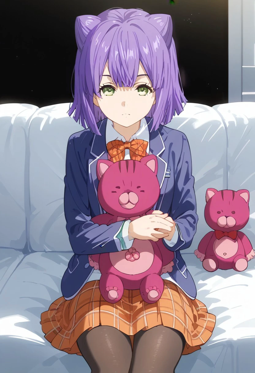 score_9, score_8_up, score_7_up, source_anime, rating_safe, MomoSNS, green Momo eyes, purple Momo hair, 1girl, female focus, anime screencap, blue Momo blazer, bowtie, orange-black Momo plaid skirt, black pantyhose, purple Momo teddy bear