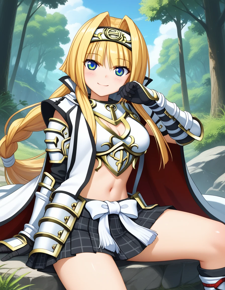 score_9, score_8_up, score_7_up, BREAK source_anime, best quality, masterpiece,very aesthetic, zPDXL2,official art,detailed_eyes,1girl, solo,
ashikaga_yoshiteru_(sengoku_otome), blonde hair, blue eyes, long hair, breasts, 
armor, midriff, black skirt, pleated skirt, skirt in plaid skirt,navel, hairband, cape, white bow, gauntlets,
<lora:ashikaga_yoshiteru_(sengoku_otome)_pony_v2:1>
sitting, ( dynamic pose ),
closed mouth,blush,smile,
looking at viewer,(cowboy shot,:1.3),
( outdoors, forest)