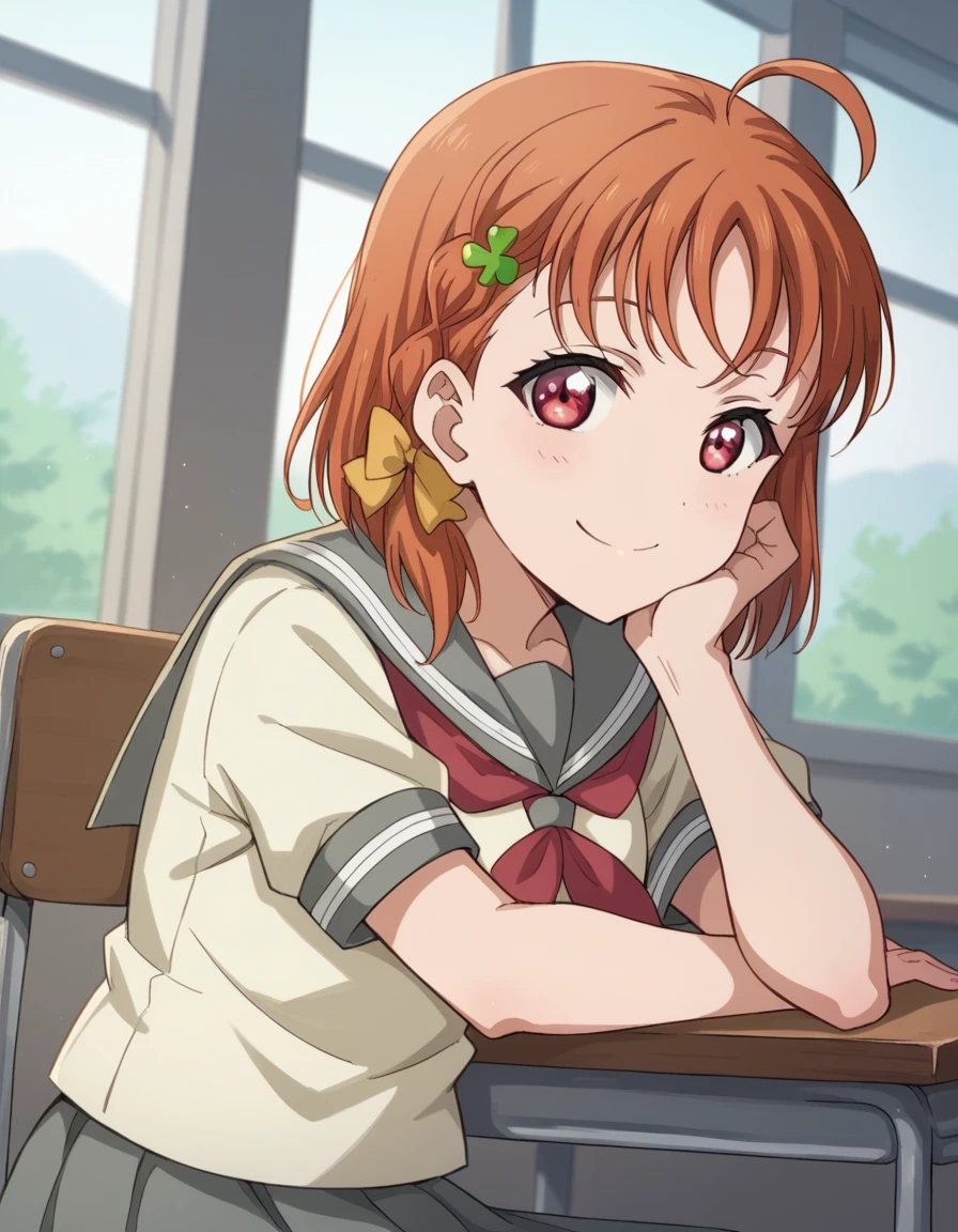 score_9, score_8_up, score_7_up, source_anime, <lora:chika-takami-s2-ponyxl-lora-nochekaiser:1>, chika takami, short hair, hair ornament, red eyes, bow, braid, ahoge, hair bow, orange hair, side braid, yellow bow, clover hair ornament,, skirt, school uniform, short sleeves, pleated skirt, serafuku, socks, neckerchief, kneehighs, black socks, red neckerchief, grey skirt, uranohoshi school uniform,, indoors, smile, looking at viewer, solo, sitting, head rest, table,, cowboy shot, dutch angle