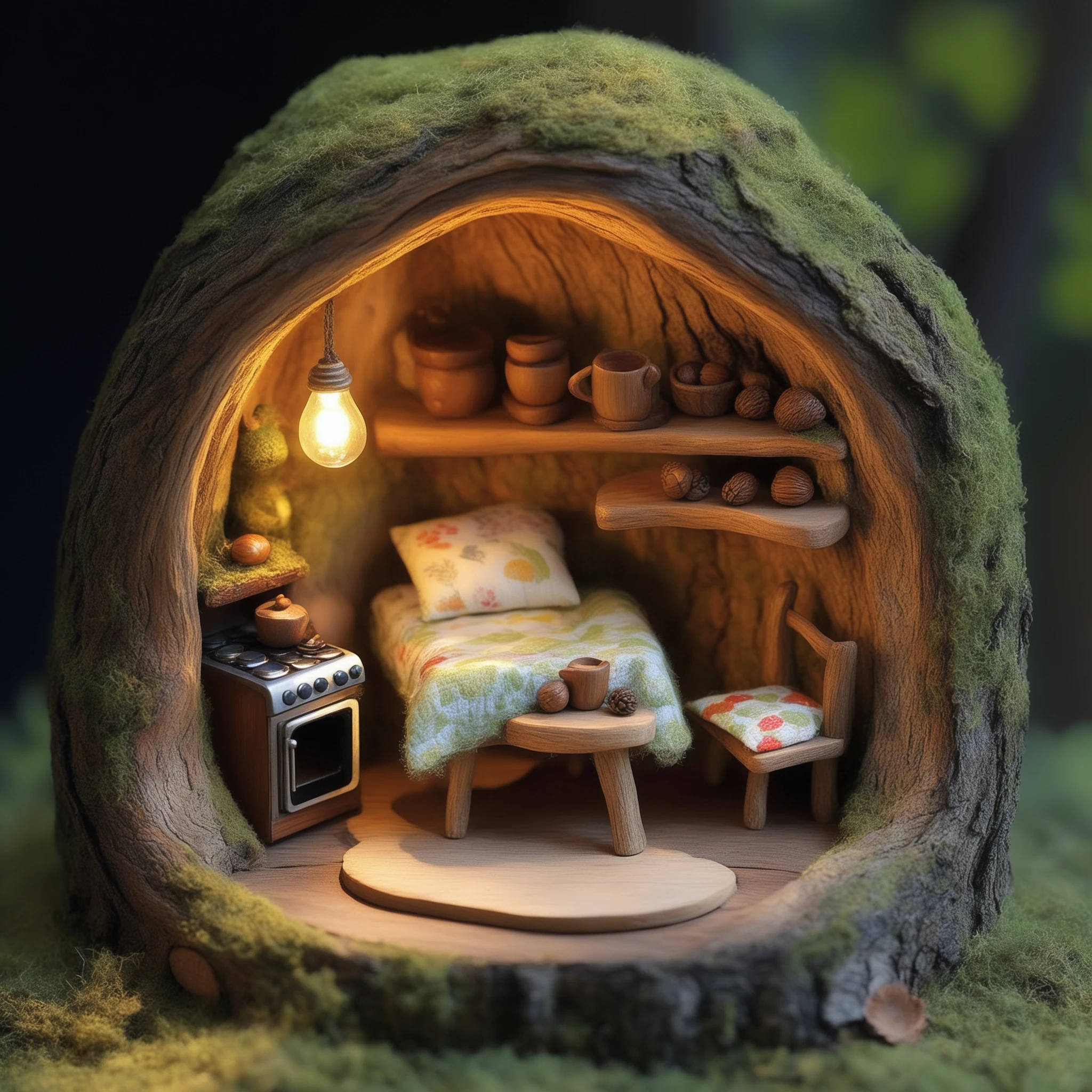 FRESHIDEAS The home of the squirrel A whimsical tree hollow home belonging to a squirrel,nestled high within the trunk of an ancient oak tree. Inside,the space is cozy and creatively furnished,blending natural elements with miniature,rustic furniture. A small wooden table and chairs **** from acorns and twigs sit in the center of the room. On one side,there's a tiny bed **** of soft moss and leaves,with a quilt crafted from colorful scraps of fabric. The walls are adorned with shelves carved directly into the wood,holding acorn cups,nuts,and tiny trinkets. In one corner,there's a tiny stove **** from a hollowed-out nut,complete with a small chimney that leads outside. A makeshift lamp,fashioned from a glowing firefly in a jar,sits on a tiny wooden nightstand. The squirrel's kitchen includes miniature appliances **** a tiny refrigerator crafted from a pinecone and a leaf-lined oven. The room is illuminated with warm,soft light filtering through a small,round window,offering a view of the surrounding forest. Outside,the tree is surrounded by lush greenery,with the entrance cleverly camouflaged by vines and leaves,