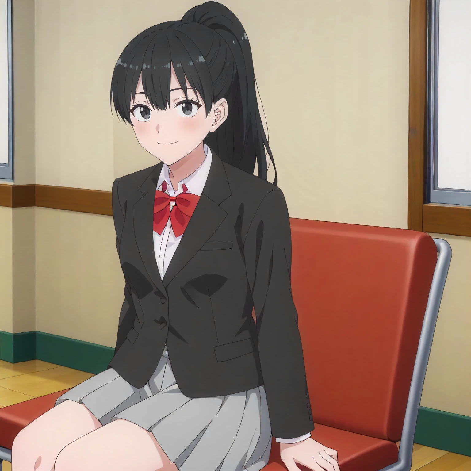 <lora:25DS_MidoriTakiXLpony001>,
school,
smile,
solo,
MidoriTaki,1girl,black hair,ponytail,black eyes,
black blazer,red bowtie,
gray skirt,
sitting,