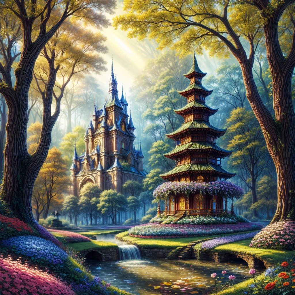 intricate detail, fantasy, enchanted forest, flowers, city, noon, (masterpiece, best quality, extremely detailed), <lora:l_32:-0.5>, <lora:add_detail:1.5>