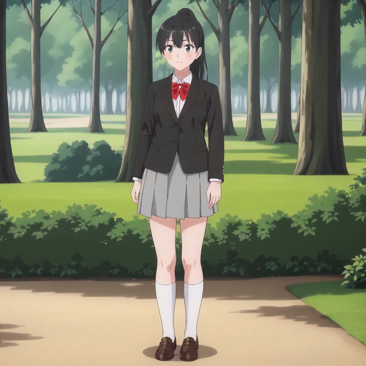 <lora:25DS_MidoriTakiXLpony001>,
outdoors,nature,
solo,
MidoriTaki,1girl,black hair,ponytail,black eyes,
black blazer,red bowtie,
gray skirt,
white socks,loafers,
standing,