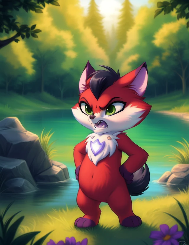 <lora:AmaruEvilLoliRockYif:1> AmaruEvilLoliRock, green eyes, black tail, red fur,  dark hands, (red belly, claws,) chibi,   angry, (Hands on hips, standing,)
[ the sun is shining, (glade,) forest, grass, stars, lake, day, , clouds, flowers, blanket, blue pillows, candles,] 
(beautiful, aesthetic, perfect, delicate, intricate, saturated colors), masterpiece, digital drawing, best quality,
[by personalami], by smitty g, [[[by Foxovh]]], [[by Ross Tran]]