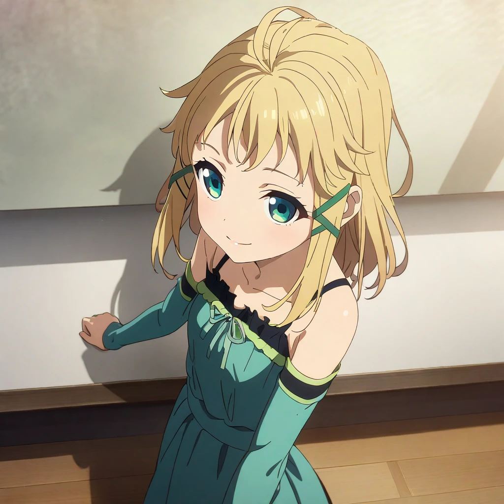 1girl solo, tina_sprout, blonde hair, green eyes, messy hair, criss cross hair ornament, flat chested, green dress, off shoulder, thigh strap, smile, closed lips, elbow gloves, anime coloring, <lora:XL-TinaSprout:1>, (masterpiece),(best quality),(ultra-detailed),(best illustration),(best shadow),(absurdres),(detailed background),(very aesthetic),