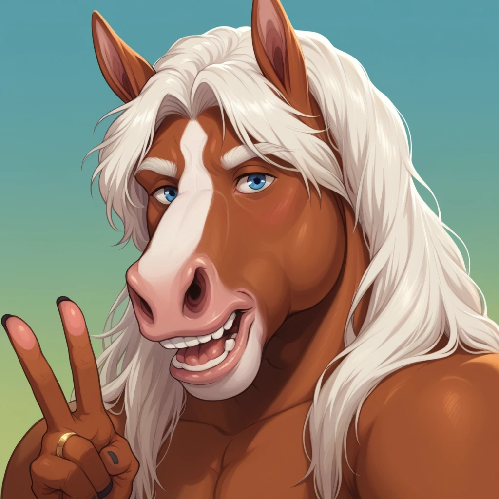 score_9, score_8_up, score_7_up, by rov, horse, equid, equine, solo, tongue, 1boy, male focus, animal ears, white hair, tongue out, furry, blue eyes, jewelry, ring, gradient background, colored skin, gradient, horse ears, v, open mouth, upper body, teeth, artist name, long hair