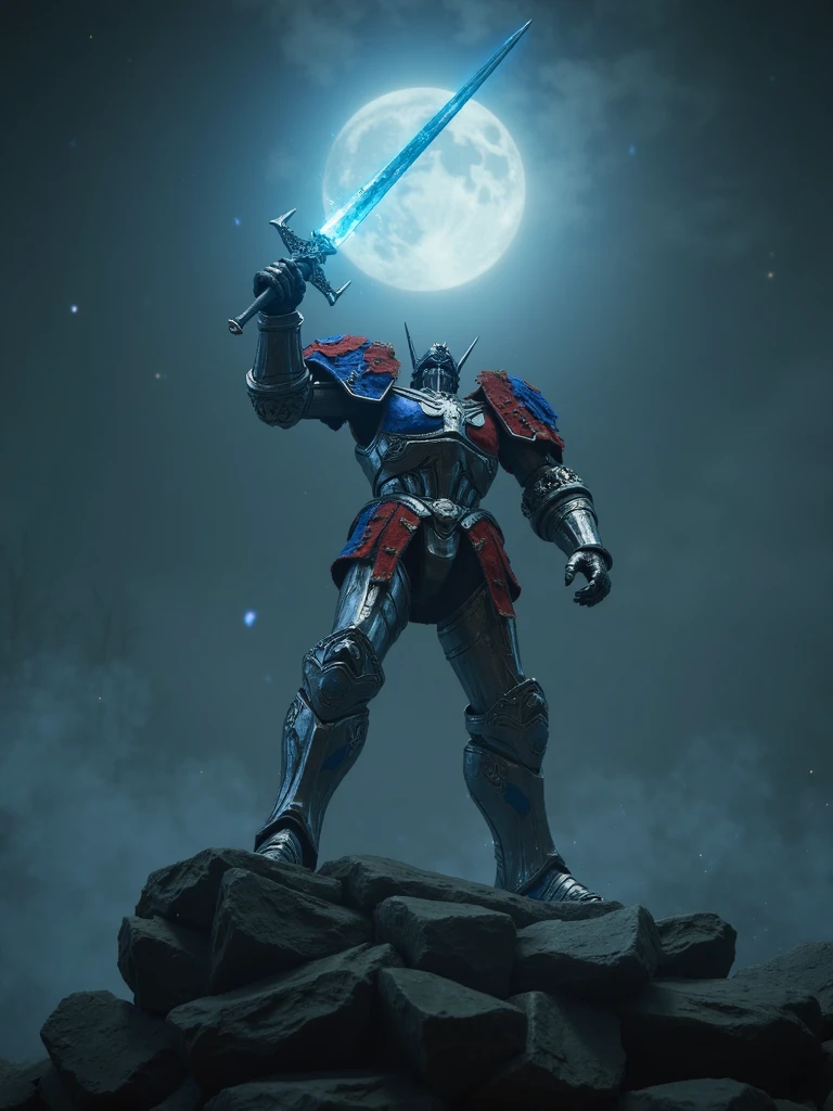 elden ring style, humanization of optimus prime as knight standing epically on pile of rocks, he is wearing full plate armor with red and blue torn fabric parts on armor, he is raising high his longsword with blue glowing arcane magic blade, dark and eerie atmosphere, night, moonlight, chromatic aberration and film grain, fantasy <lora:sxz-eldenring-aitoolkit-flux:1>