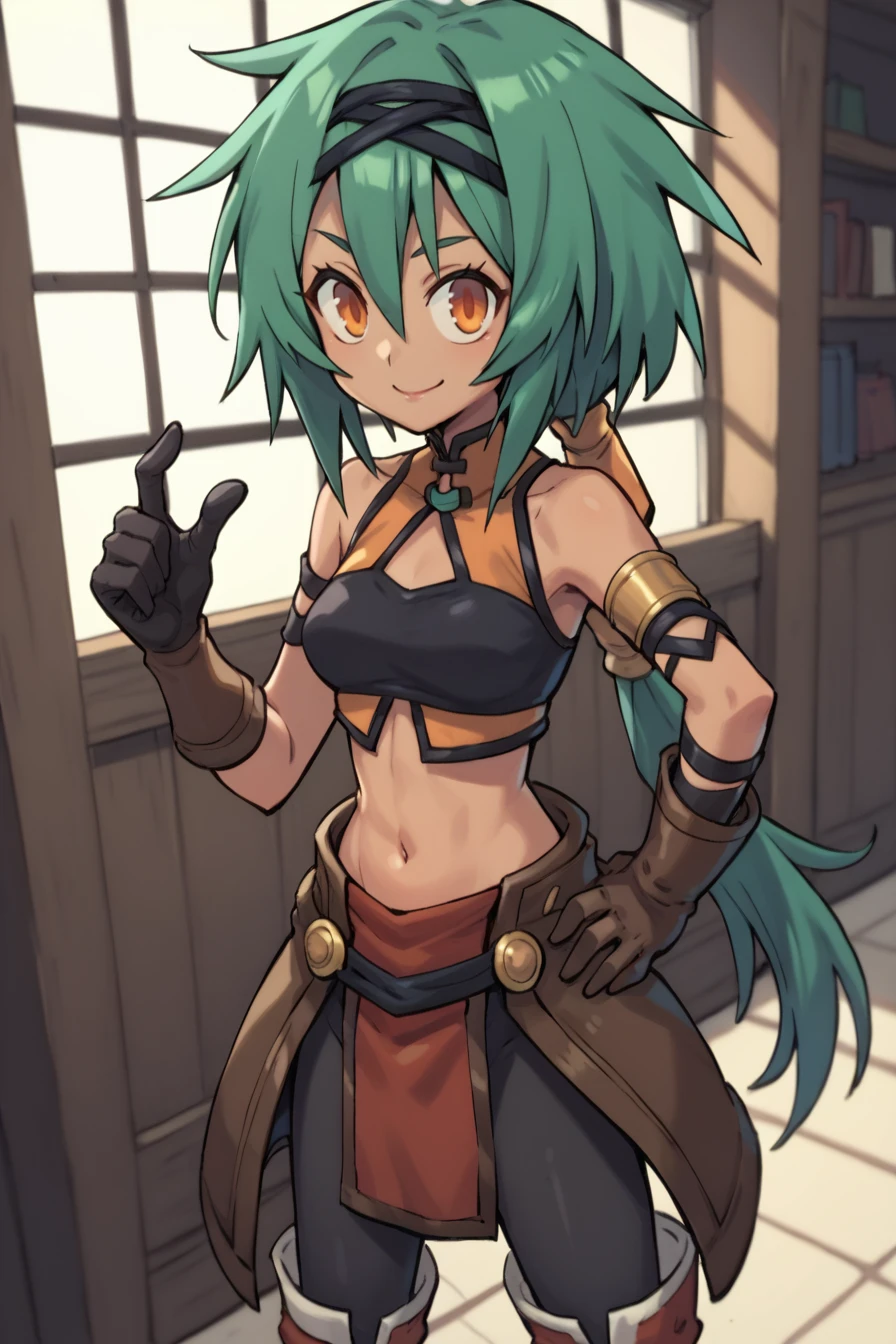 (score_9, score_8_up, score_7_up, score_6_up), source anime, BREAK, <lora:Kylier:0.6> , kylierdef, 1girl, dark skin, green hair, low-tied long hair, long hair, orange eyes, bare shoulders, black tube top, midriff, brown skirt, pelvic curtain, black leggings, gloves, boots, looking at viewer, cowboy shot, solo, standing, smile, closed mouth, hand on hip, <lora:zy_Detailed_Backgrounds_v1:0.5> , detailed background, highly detailed, interior, bedroom,  <lora:anapijama:0.8> , anapijama,