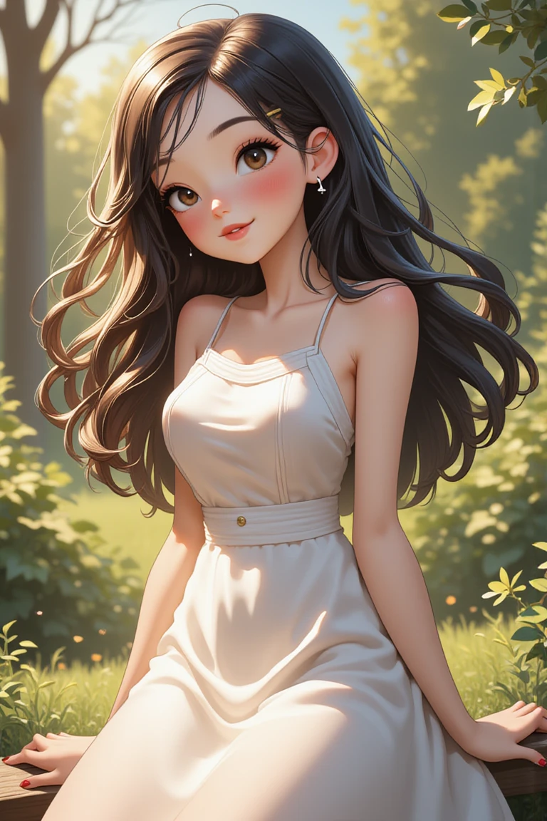 dynamic pose, Illustration of 
a closeup shot of a beautiful teenage girl in a white dress wearing small silver earrings in the garden, under the soft morning light

. layered complexity, intricate imagery,
,comix_style