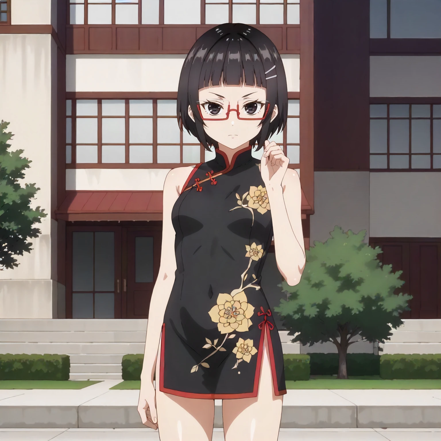 <lora:ASHHFiR_SayakaTaniyamaXLpony004>,
outdoors,
looking at viewer,
solo,
SayakaTaniyama,1girl,black hair,short hair,black eyes,red eyewear,hairclip,
standing,
print_cheongsam,