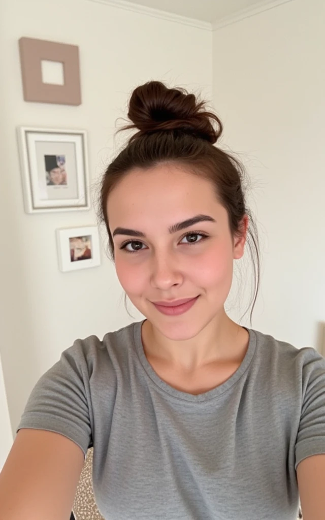A woman is taking a selfie. Her hair is in a bun and she is wearing a gray shirt. There are three picture frames hanging on the wall behind her.