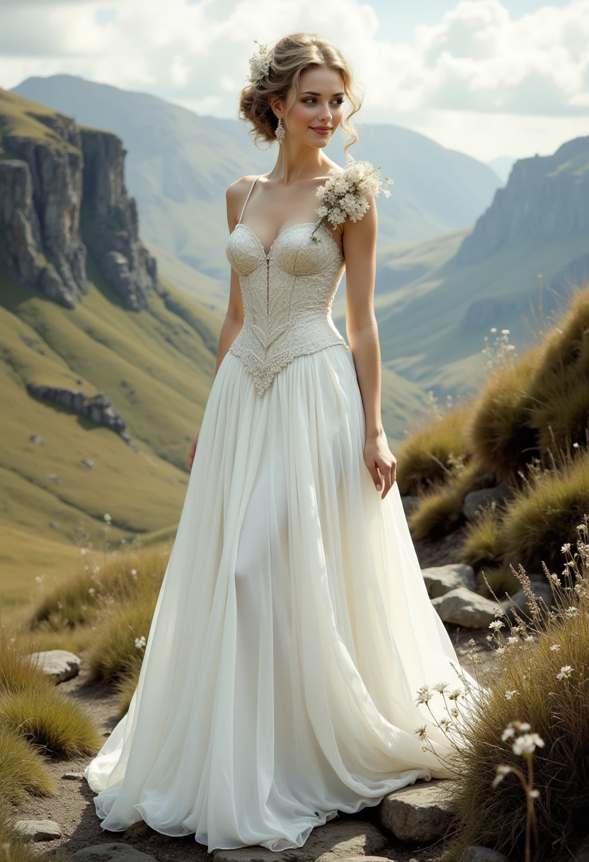 hud_gds_styl, an upper body photograph of a woman smiling, a long white gown with flower decoration on the left shoulder, facing viewer, in a fantasy landscape in ireland