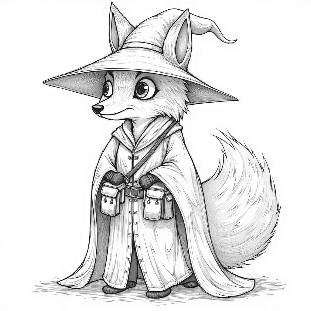 a fox dressed a wizard, pencileg, detailed robe, pouches