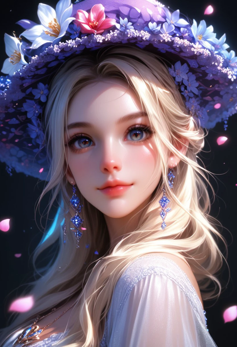 Close-up details, realistic style photo, (colored skin), beautiful flower, black background, glowing rainbow petals, extravagant hat expressive, flowers,, outstanding style, tall, cute, in her teens, soft lighting to cast gentle shadows on the subject, score_9, score_8_up, score_7_up, K-Eyes