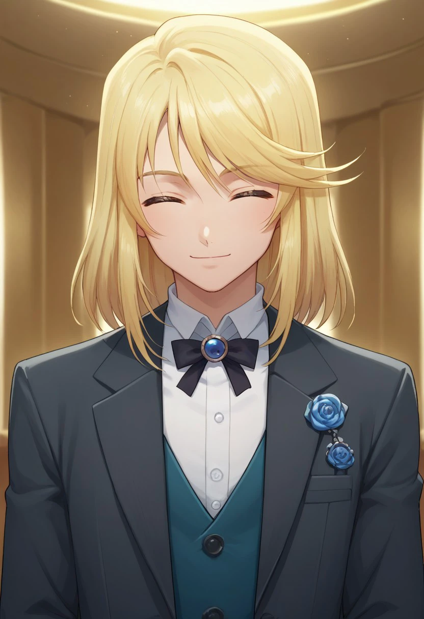 score_9, score_8_up, score_7_up, source_anime, highly detailed, 
mithos, blonde hair, solo, male focus, 1boy, closed eyes, smile, formal,
suit, androgynous, looking at viewer, ribbon,  neck ribbon, upper body, indoor,