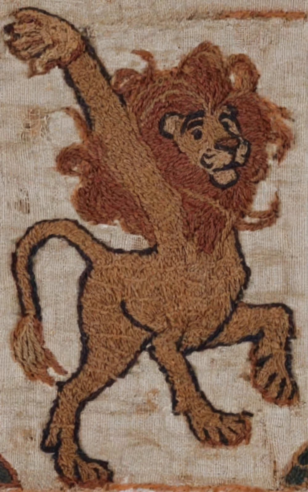 <lora:bayeux_pony_v1:1> bayeux, an embroidered tapestry with a lion jumping, score_9, score_6_up, score_7_up