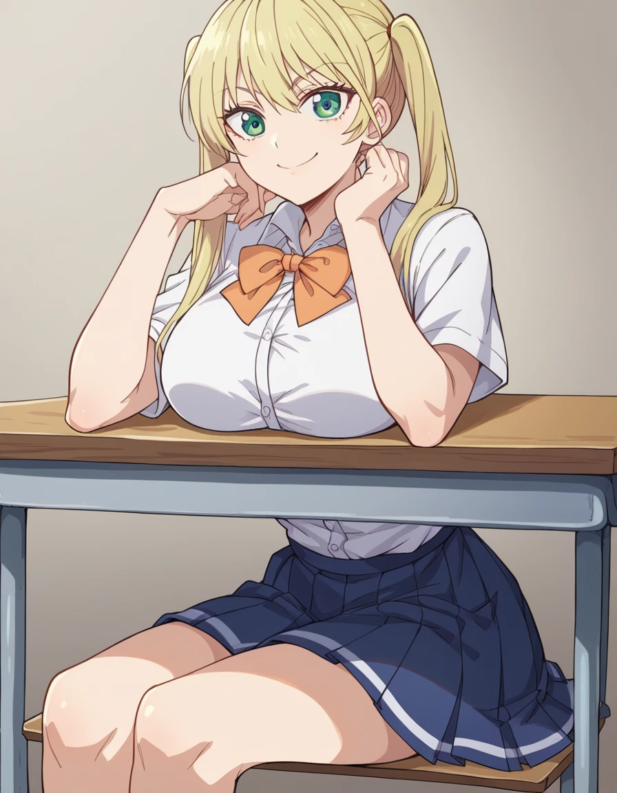 score_9, score_8_up, score_7_up, source_anime, <lora:rika-hoshizaki-s2-ponyxl-lora-nochekaiser:1>, rika hoshizaki, green eyes, blonde hair, twintails, large breasts,, skirt, shirt, bow, school uniform, white shirt, short sleeves, pleated skirt, bowtie, blue skirt,, indoors, smile, looking at viewer, solo, sitting, head rest, table,, cowboy shot, dutch angle