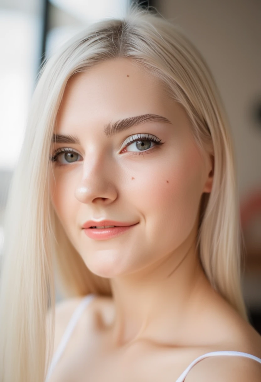 p3r5on close-up blonde hair, blue eyes, wearing a white top, in a room with natural light, close-up shot, side profile, focused on the face, no distinct accessories, no makeup, composition is a close-up of the face, the setting appears to be indoors, and the view angle is slightly above the subject's eye level.